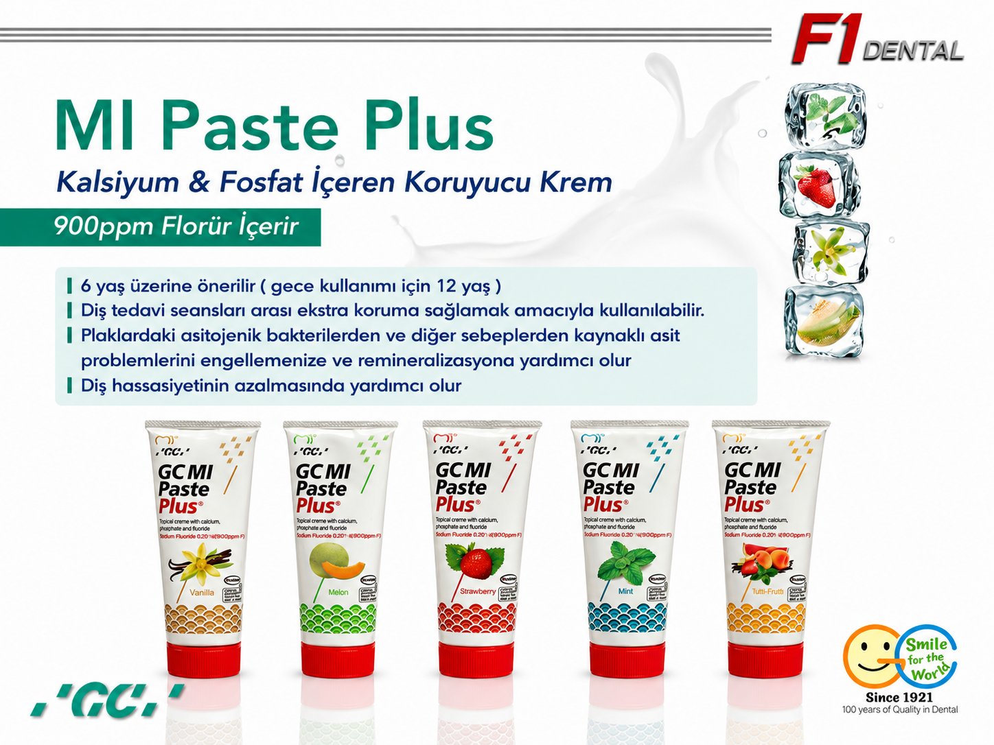 GC MI Paste Plus 900 ppm florür içeren, diş minesinin remineralizasyonunu ve hassasiyetin azaltılmasını destekleyen koruyucu diş bakım kremi