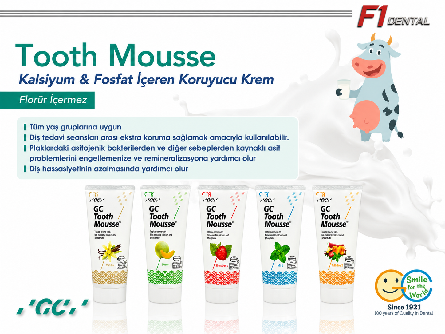 GC Tooth Mousse florür içermeyen, kalsiyum ve fosfat desteğiyle diş minesinin korunmasına ve remineralizasyona yardımcı olan diş bakım kremi