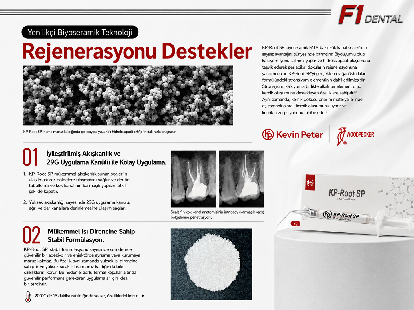 KP-Root SP premixed biyoseramik kanal dolgu patı; yüksek akışkanlık, 29G uygulama kanülü ve gelişmiş kanal adaptasyonu sunan endodontik sealer