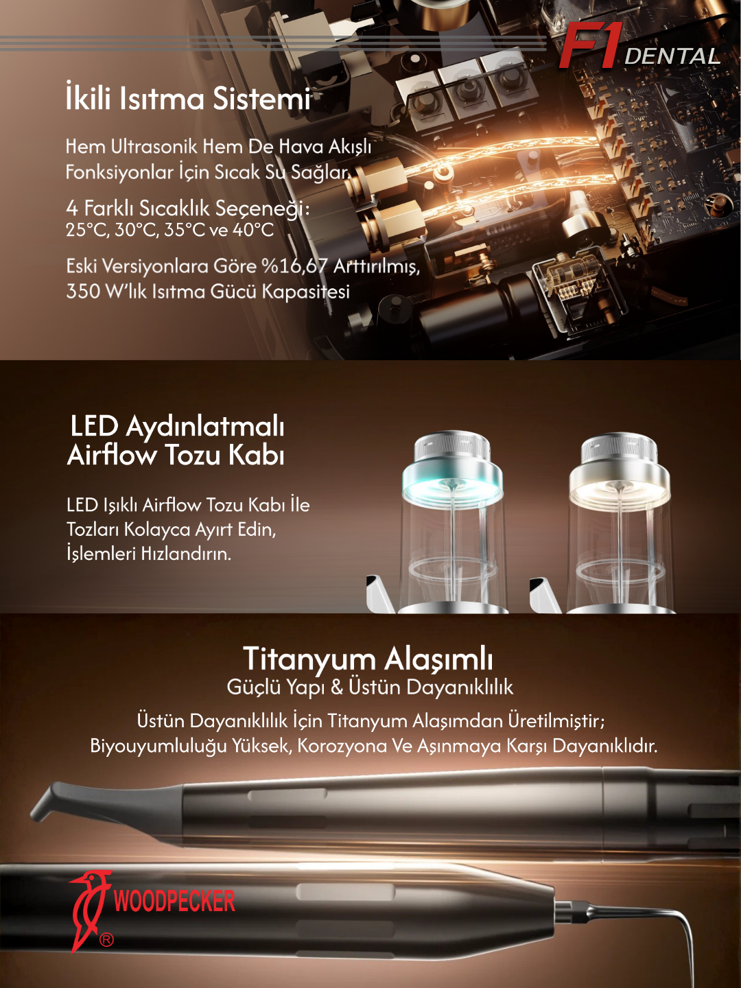 Woodpecker PT-E Five-in-One ultrasonik diş taşı temizleme ve air polishing cihazı, çift su ısıtma teknolojisi ve LED aydınlatmalı el parçasıyla.