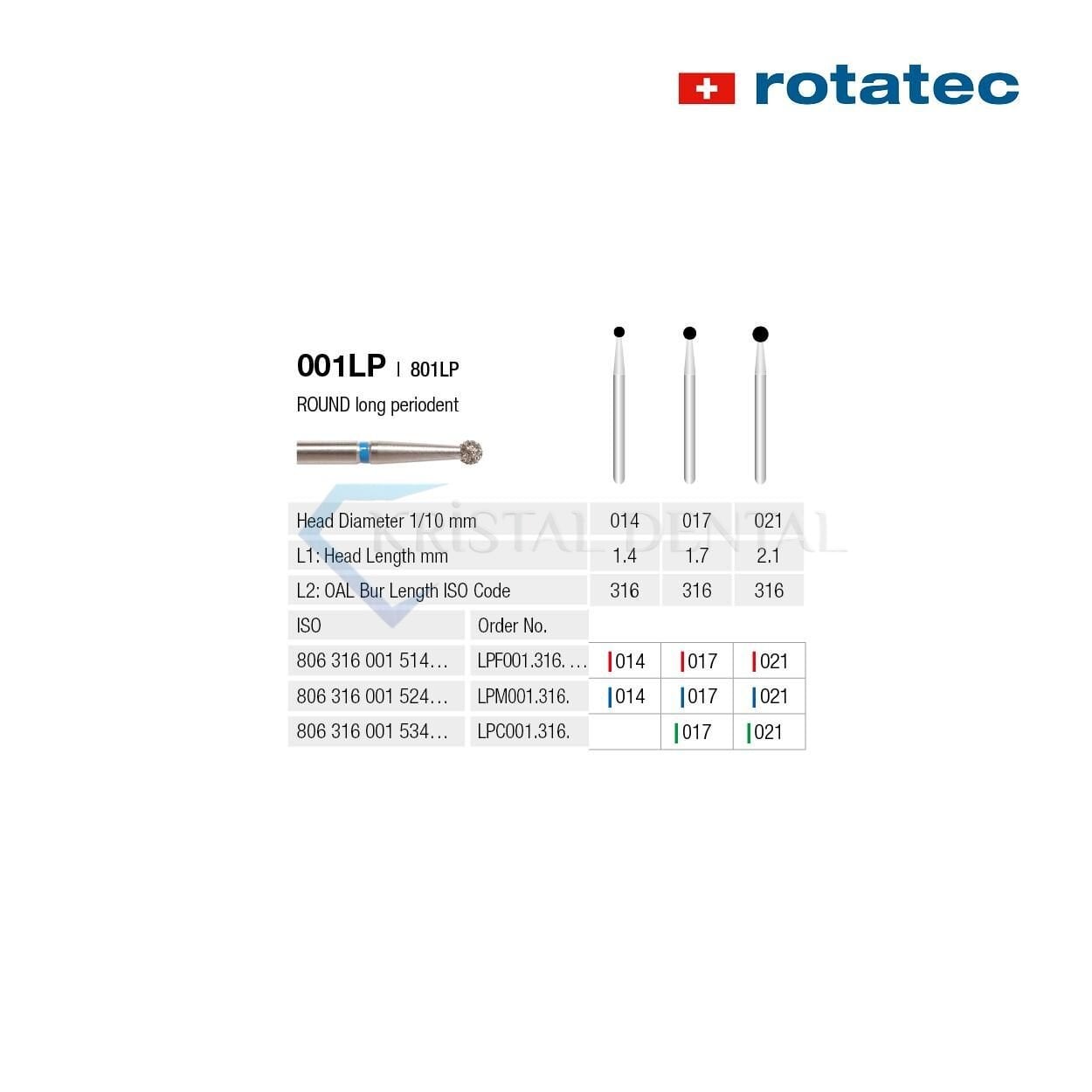 Rotatec Swiss Elmas Frez Rond - 001/801 İnce / Kırmızı - 014 mm - Extra Uzun