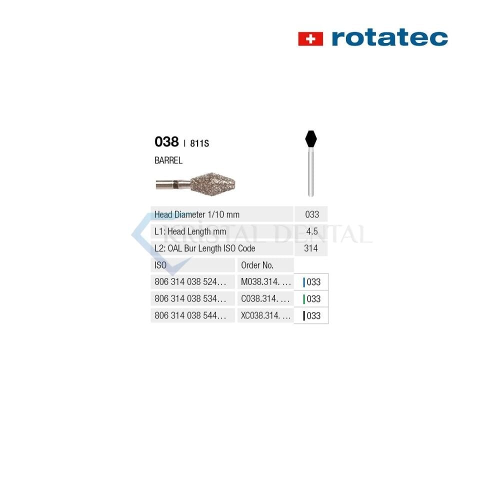 Rotatec Swiss Elmas Frez Barrel - 038/811S Kalın / Yeşil - 033 mm - Standart