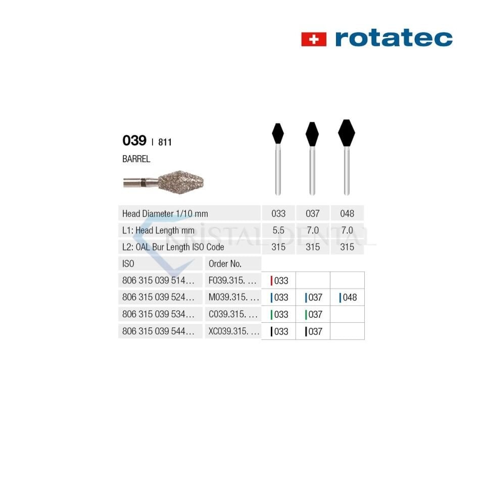 Rotatec Swiss Elmas Frez Barrel - 039/811 Kalın / Yeşil - 033 mm - Standart