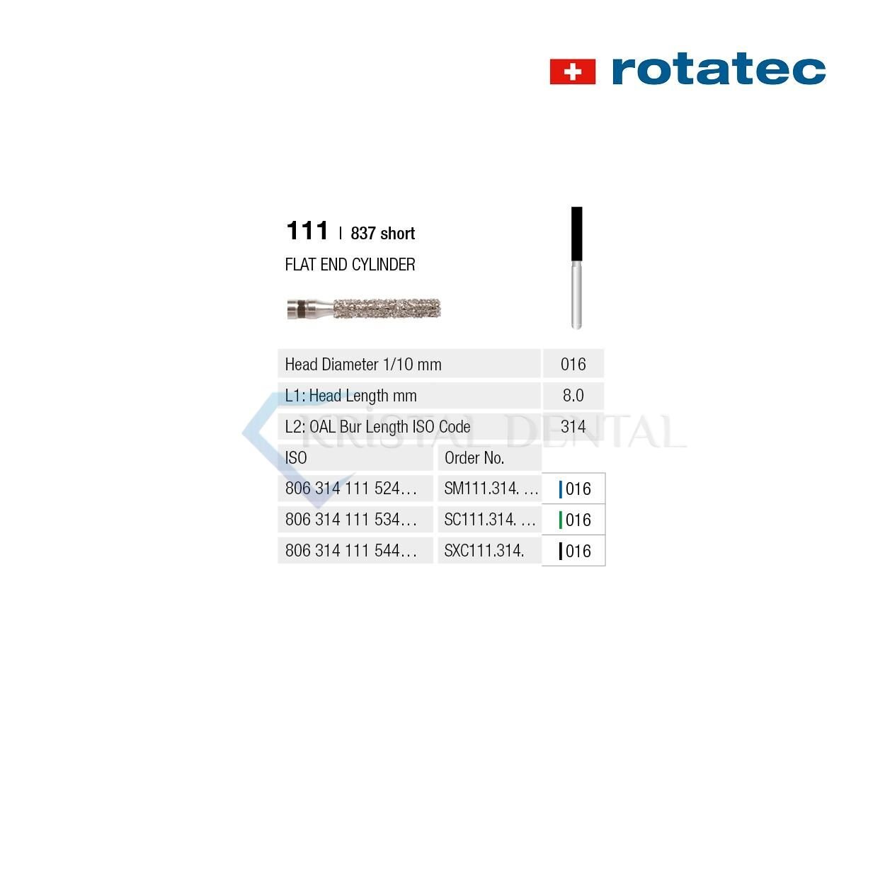 Rotatec Swiss Elmas Frez Düz Uçlu Silindir - 111/837 Extra Kalın / Siyah - 016 mm - Kısa