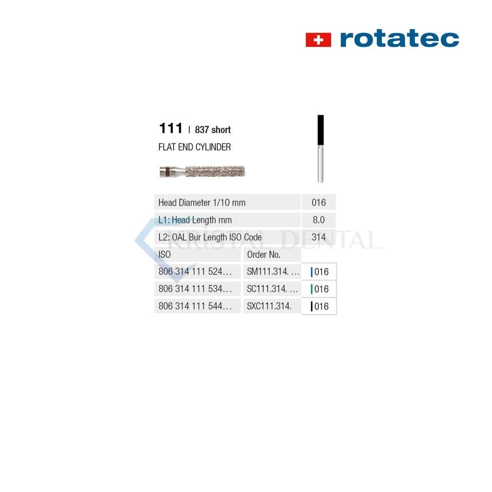 Rotatec Swiss Elmas Frez Düz Uçlu Silindir - 111/837 Extra Kalın / Siyah - 016 mm - Kısa