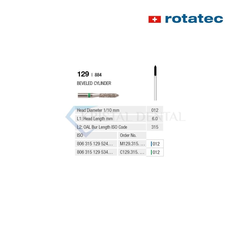 Rotatec Swiss Elmas Frez Eğimli Silindir - 129/884 Kalın / Yeşil - 012 mm - Standart