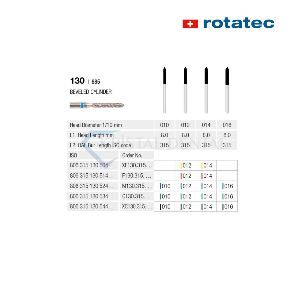 Rotatec Swiss Elmas Frez Eğimli Silindir - 130/885 Extra Kalın / Siyah - 016 mm - Standart