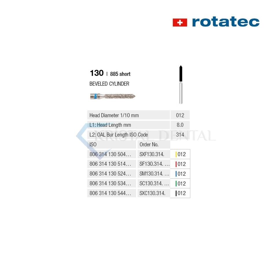 Rotatec Swiss Elmas Frez Eğimli Silindir - 130/885 İnce / Kırmızı - 012 mm - Kısa