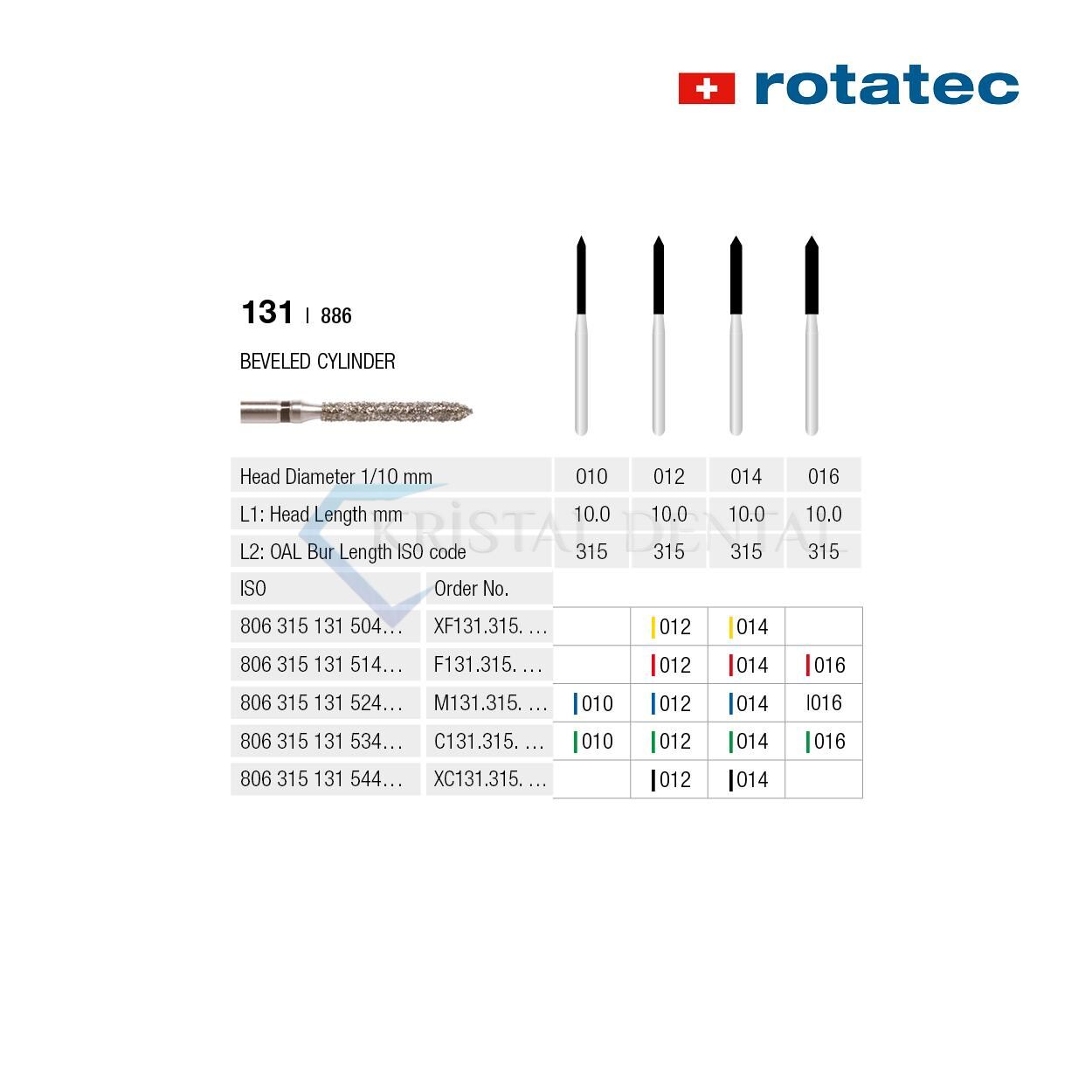 Rotatec Swiss Elmas Frez Eğimli Silindir - 131/886 İnce / Kırmızı - 012 mm - Standart