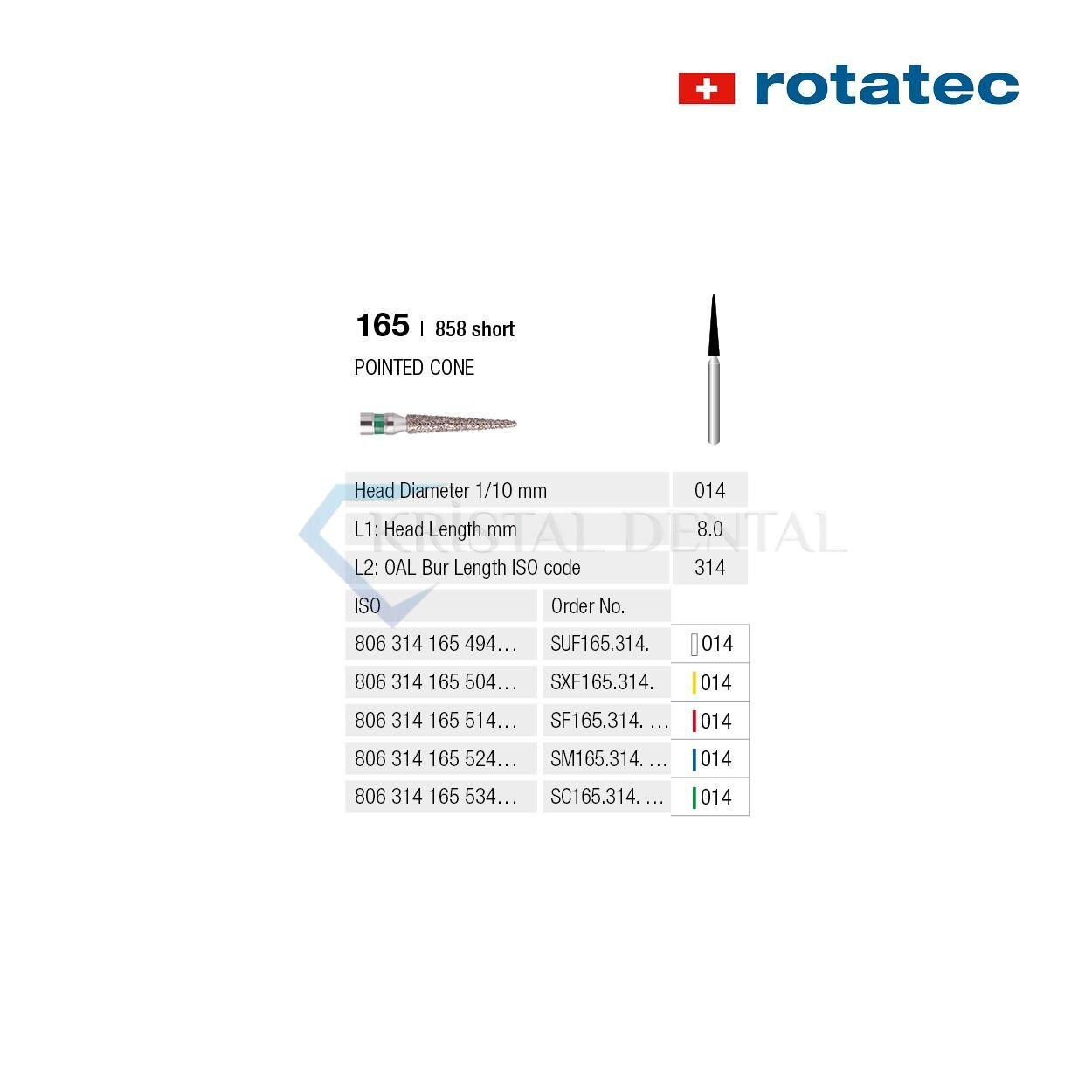 Rotatec Swiss Elmas Frez Sivri Konik - 165/858 Extra İnce / Sarı - 014 mm - Kısa