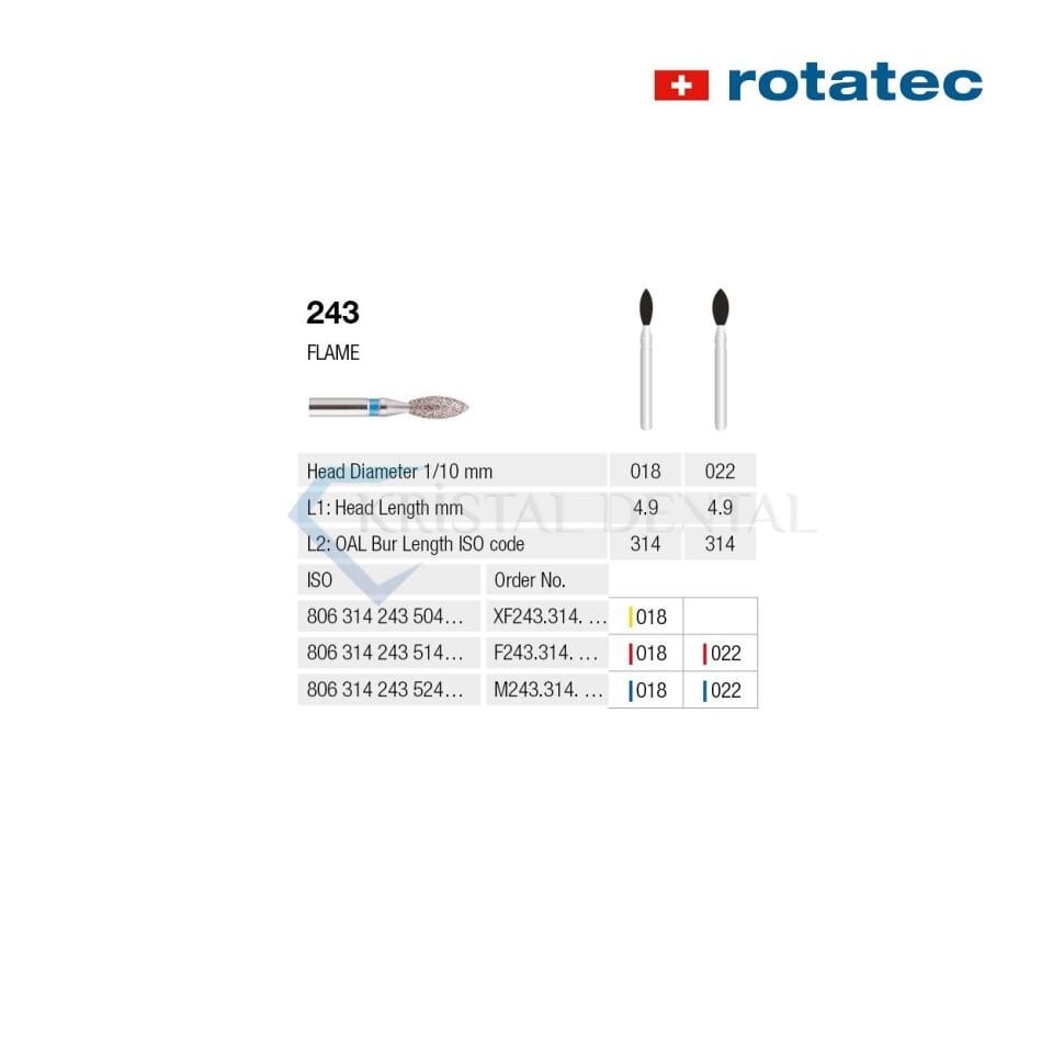 Rotatec Swiss Elmas Frez Alev Uç - 243 Extra İnce / Sarı - 018 mm - Standart