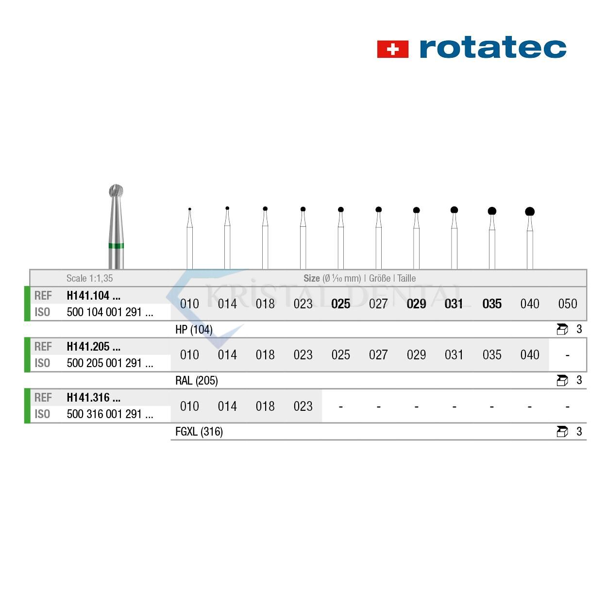 Rotatec Swiss Tungsten Karbit Round Cerrahi Frez 035 mm - Standart